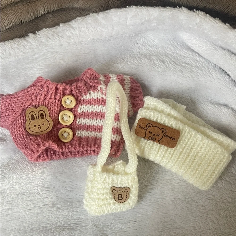 Pink and Cream Knitted Labubu 3 piece Set purse sweater hat nwt